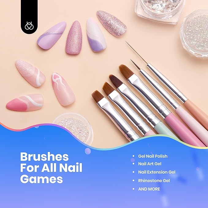 Beetles Gel Polish Nail Art Brushes, 6 Pcs Fingernail Art Design Pens, Dotting Pen Clean Up Liner French Nail Brush Set, Wood Alloy Handle, DIY Manicure Tools Gift for Women