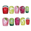 Glitter Press on Nails Short Coffin Summer Fruit Nails Cateyes with 3D Water Drop, Hand-painted Watermelon & Lemon Art, Reusable Acrylic Full Cover Fake Nails, 10pcs (Fruit Party,M)