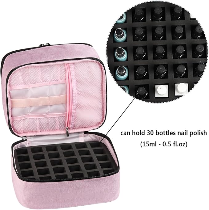 Nail Polish Organizer, Carrying Case Holds 30 Bottles (15ml - 0.5 fl.oz) and Nail Lamp Dryer, Professional Storage Organizer Holder, Manicure Kit Storage Bag