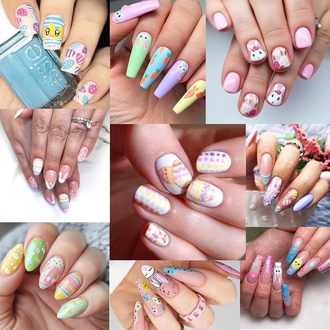 30 Sheets Easter Nail Stickers Cute Bow Chick Carrot Rabbit Nail Art Stickers Flower Tree Easter Egg Nail Decals 3D Self-Adhesive Cartoon Bunny Nail Art Decals for Women Holiday Nail Designs