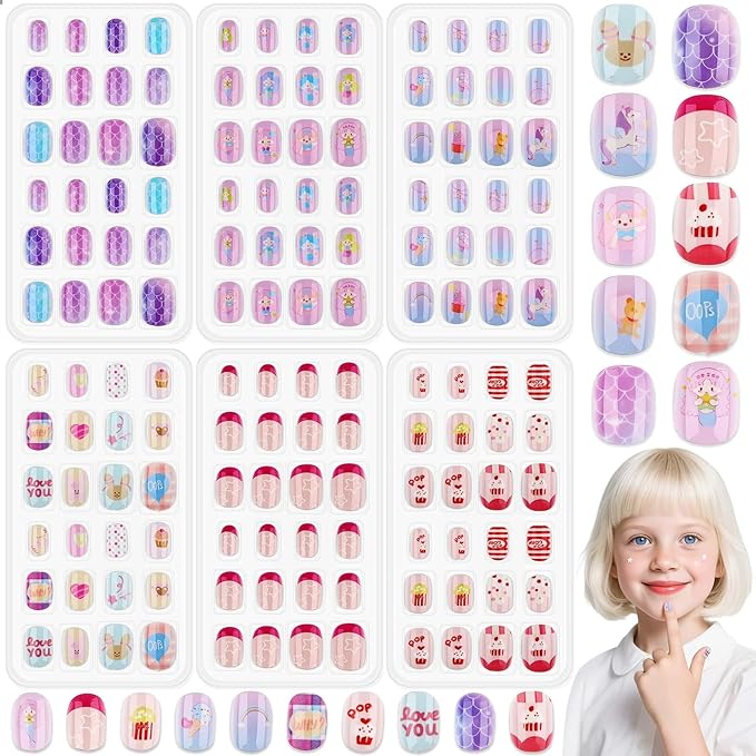 144 Pcs Press on Nails for Girls, Stick On Nails for Kids Short Acrylic Fake Nails Cute Nails Art Stuff for Little Girl 8-10