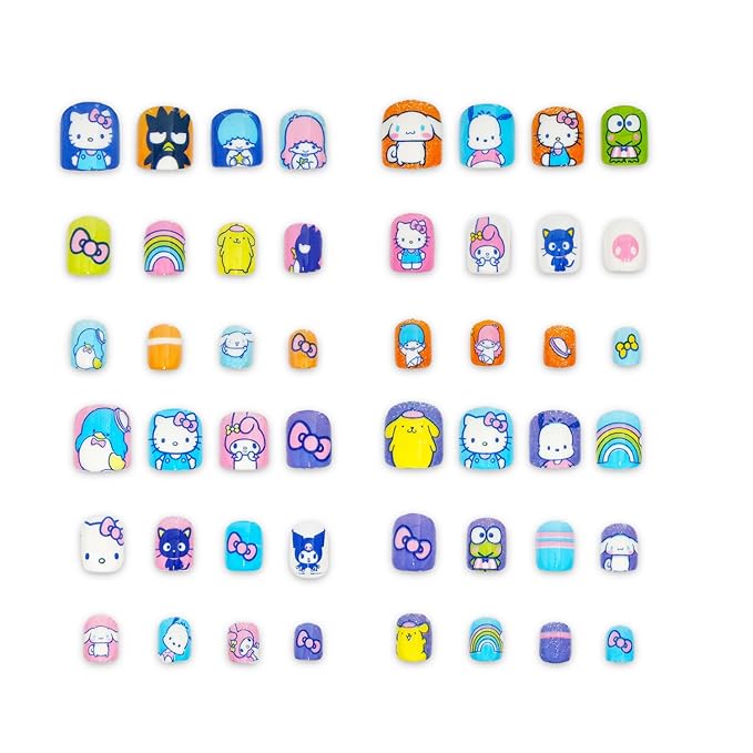 Hello Kitty and Friends Press-On Nails for Kids - Bundle with 48 Stick-On Nails Featuring My Melody, Kuromi, Cinnamoroll, More Plus Stickers, More | Hello Kitty Manicure Kit for Girls