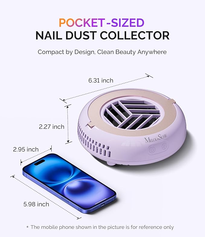 MelodySusie PocketSized Nail Dust Collector with Lightweight Design,HProA 6000RPM Ultra-Small Nail Vacuum Fan with 3 Suction Modes and 30 Disposable Filter Papers for Beginner & Daily Nail Care,Purple