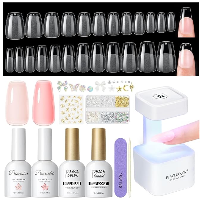 PEACECOLOR Gel Nail Kit, 240Pcs Short Medium Coffin Nail Tips with U V Lamp 2 Colors Jelly Gel Polish Top Coat Glue Nail Art Extension Set Gifts for Women DIY Home Salon