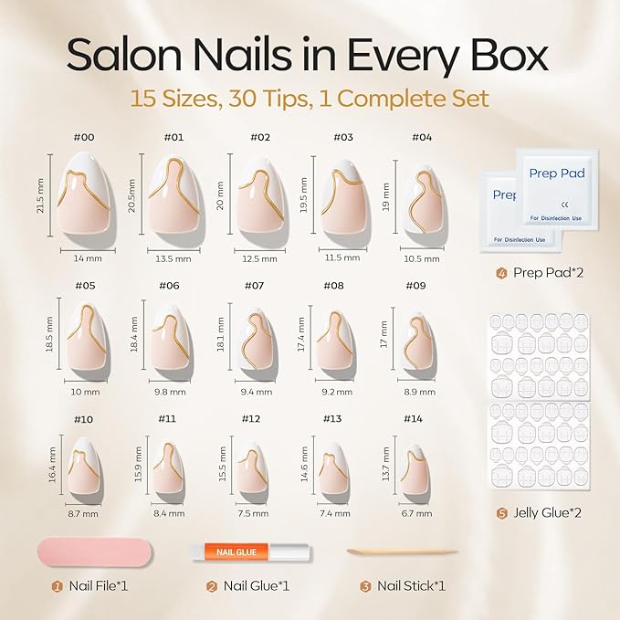 Modelones French Tip Press on Nails Almond, Short Fake Nails, Semi-Transparent Soft Nail Kit with Nail Glue Adhesive Tabs Nail File, Spring Nails Press Ons 30Pcs 15 Sizes, White Lines French