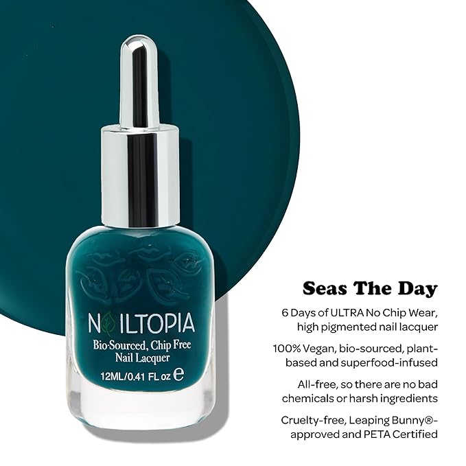 Nailtopia Bio-Sourced Chip Free Nail Lacquer - Seas The Day - Vegan, Cruelty Free Deep Teal Nail Polish - Strengthens and Hardens Nails with Natural Superfood Ingredients and Vitamins - 0.41 Oz