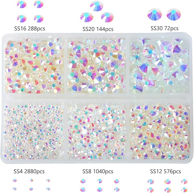 Bymitel 5000 Pieces 6 Mixed Sizes Glue Fix on Glass Rhinestones Round Crystal Gems Flatback for DIY Jewelry Making with one Picking Pen(6-Sizes 5000PCS, Starry Meteor)