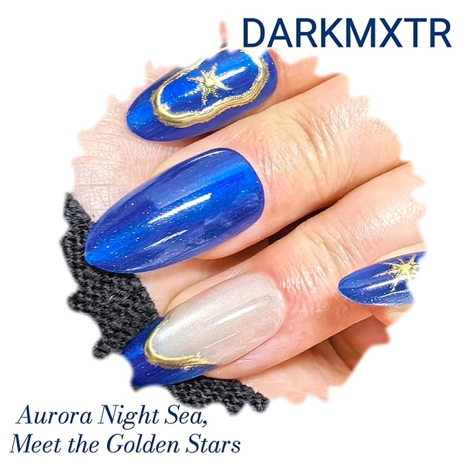 30 Pcs Long Almond Press On Nails - Dark Blue Glitter Gold Star Design, Glossy Reusable Fake Nails with Adhesive Tabs,Easy Application Manicure Set for Work, Party & Daily Use