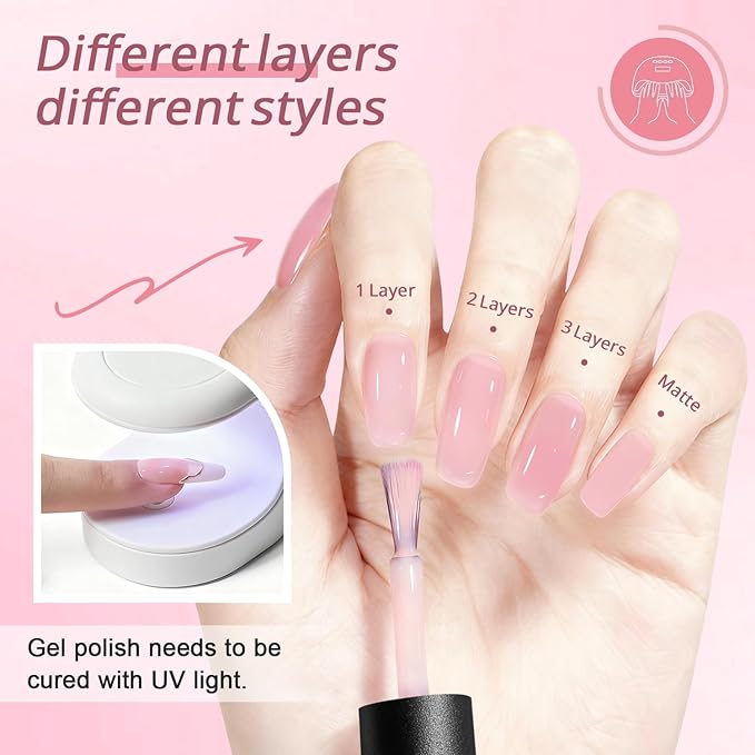 JODSONE 18ml Jelly Gel Nail Polish Crystal Pink for Salon Manicures and Nail Art DIY at Home Sheer Gel Polish Need U V Cured Gift for Women