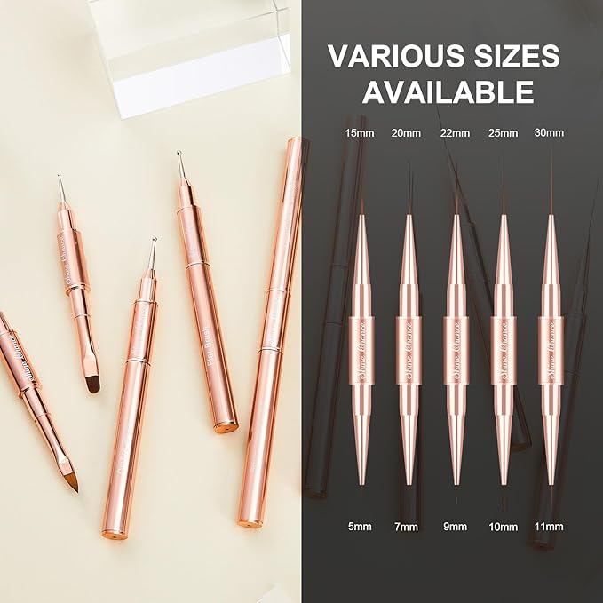 9Pcs Nail Art Brushes Set, Professional Double-Ended Acrylic Liner Detail Brushes for Gel Polish Art Nail, 3D Art Nail Dotting Brush Pen for Manicure DIY Home Salon, Rosegold