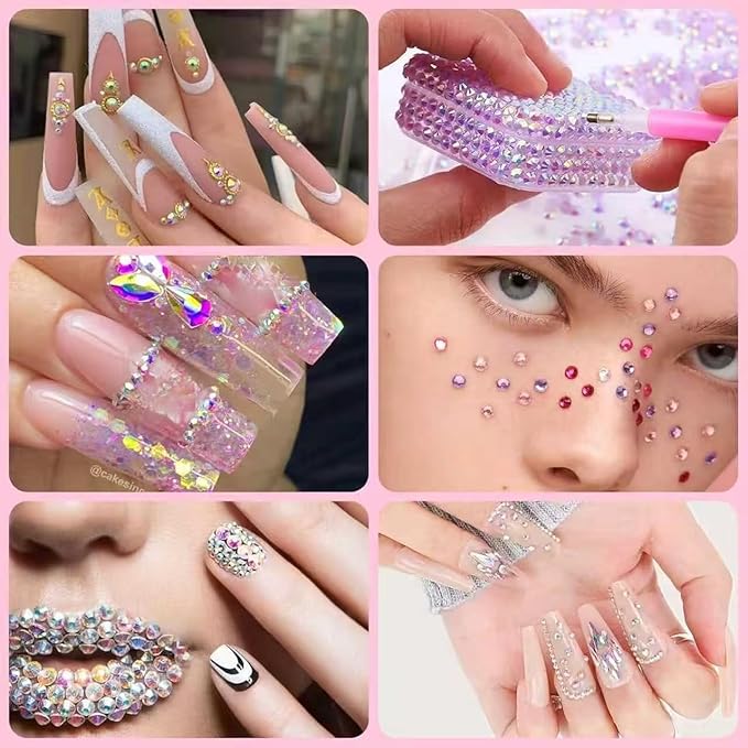5 Boxes 7200pcs Sparkling Crystal Nail Rhinestones Pearls Kit, Flatback Multicolor Transparent Jelly AB Mermaid Gems with Pick Up Pen and Curved Tweezers for Manicure Salon & Craft DIY Designs (3mm)
