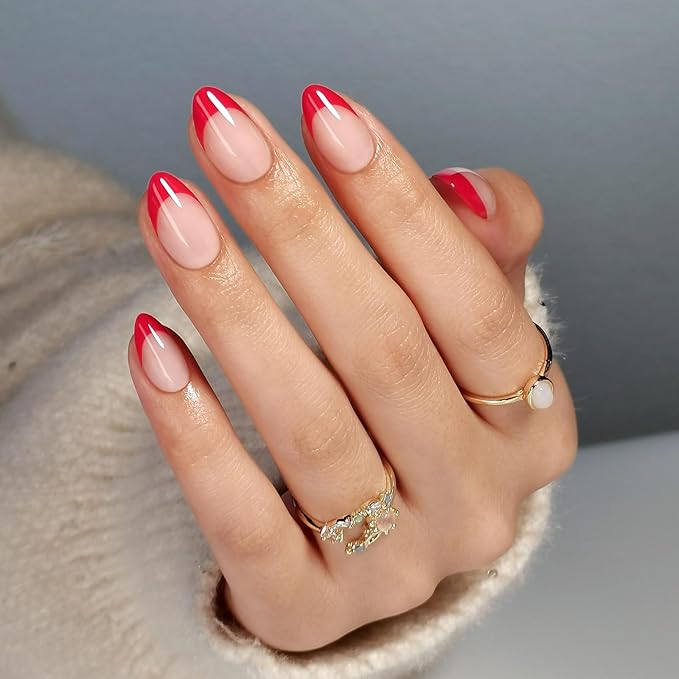 Red French Tip Press on Nails Short - SHANGMENG Soft Gel Valentines Almond Nails for Women Gift, Fit Perfectly & Natural Glue on Nails with Glue in 16 Sizes - 32 Reusable Fake Nails, Red French