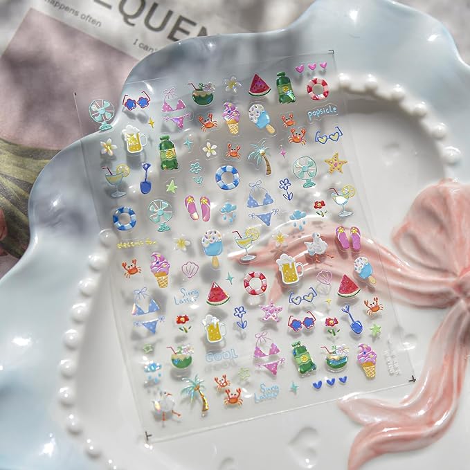 Summer Nail Art Stickers Watermelon Ice Cream Nail Decals Beach Nail Stickers 5D Embossed Self Adhesive Nails Charms for Women Girls Kid Manicure Cute Sweet DIY Decoration 2Pcs