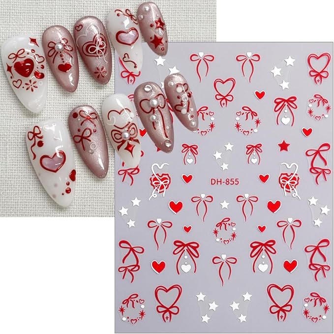 8Sheets Valentines Nail Art Stickers Gold Silver Purple Red Bow Nail Decals 3D Self-Adhesive Colorful Bow Nail Stickers Star Love Heart Sticker Design Cute Nail Supplies Accessories for Women Manicure