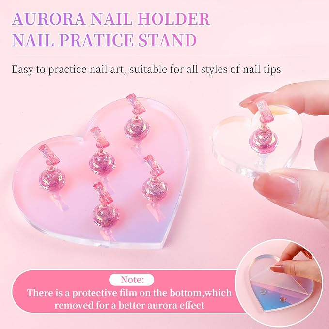 Nail Stand for Press ons,2 Set Heart Nail Holder for Painting Nails Aurora Nails Display Practice Art Magnetic Nail Display Stand with 200 Pcs Adhesive Tabs Nail Art for Display Home Salon