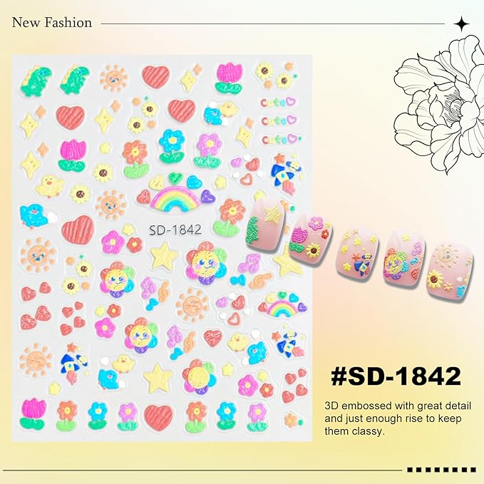 12 Sheets Cute Nail Stickers for Nail Art Stickers Cartoon Decals 3D Self-Adhesive Pegatinas Uñas Colored Letters Rainbow Flower Strawberry Nails Art Design for Women Manicure Decoration YX1231