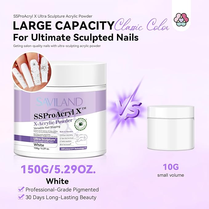 SAVILAND Long-Lasting White Acrylic Powder: Smoother Keratin Nail Powder 2024 Blending Tech 5.29oz for DIY Sculpture Extension Carving 3D Art Tech Salon