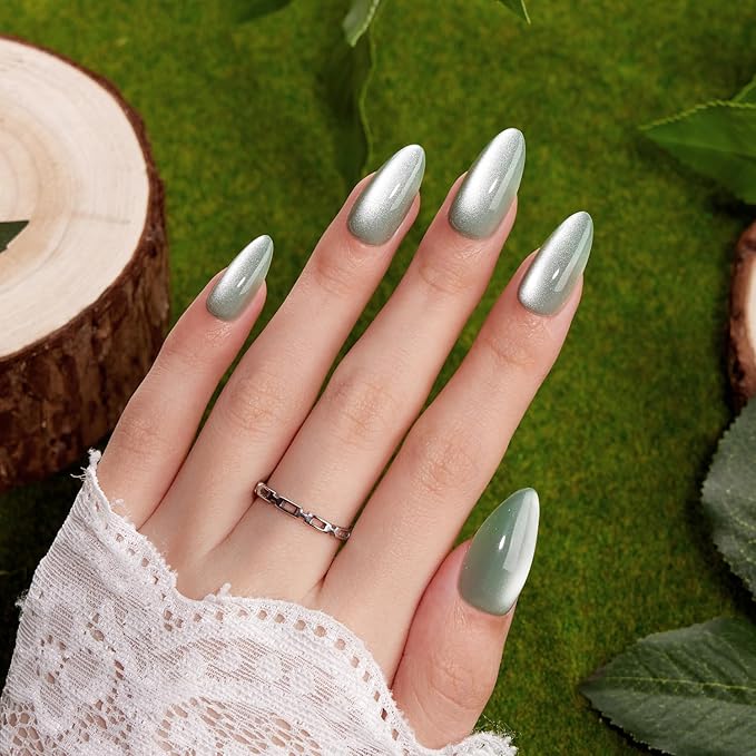 VSALON Press On Nails Medium Almond, Green Cat Eye Holographic Chrome Nails, Salon Quality Shimmer Fake Nails Kit - 32 PCS Stick on Nails in 16 Sizes with Glue & Cuticle Oil
