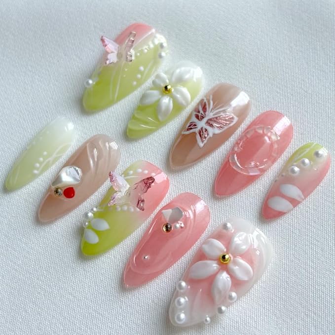 Press On Nails - Medium Almond Handmade Unique Fake Nails, Green and Pink Pairing, Thick Acrylic and Muti-Layer Gel False Nails, Reusable Gel Cured Sturdier 3D Fake Nails, DIY Art Decorate (Size M)