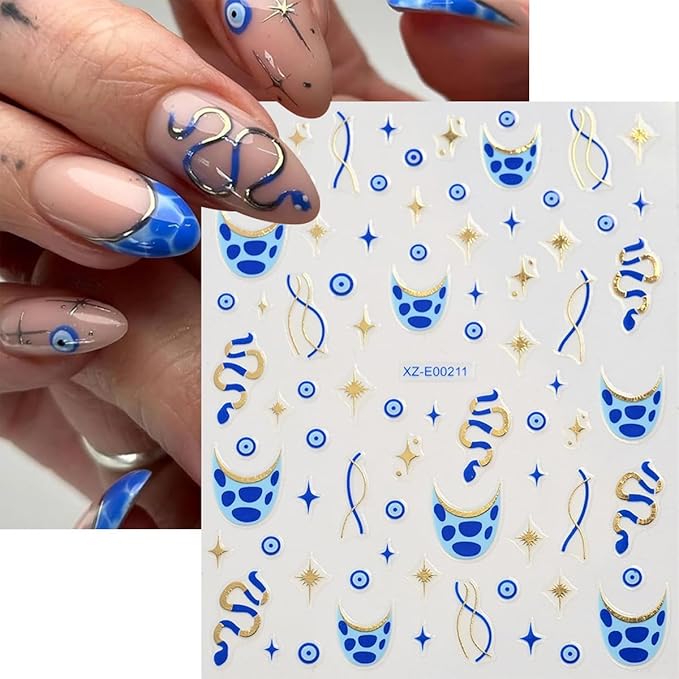 12 Sheets Evil Eye Nail Stickers for Nail Art Star Nail Stickers Moon Nail Decals Snake Self Adhesive Nail Art Supplies for Women Girls Kid DIY Nail Art Decorations