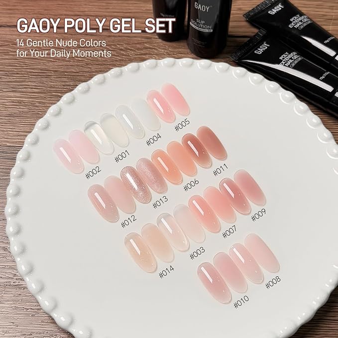 GAOY Poly Gel Nail Extension Kit with UV Light, 14 Colors Clear Pink Nude Jelly Sheer Builder Gel, All-in-One Starter Kit for Long-lasting French Manicure, Salon & DIY Home Nail Art, Nude Series