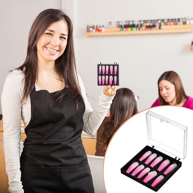 Landhoow 30 Pcs Press on Nail Storage Box with 60 Pcs Adhesive Double Sided Tape Acrylic Artificial False Nail Packaging Display Case Organizer for Home Business Salon Supplies(Black)