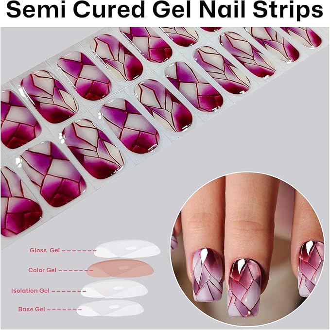 Semi Cured Gel Nail Strips,Red Marble Glass Nails Stickers with High Gloss and Glitter Design for Women,60S UV Light Curing Manicure,Long Lasting, Arts at Home