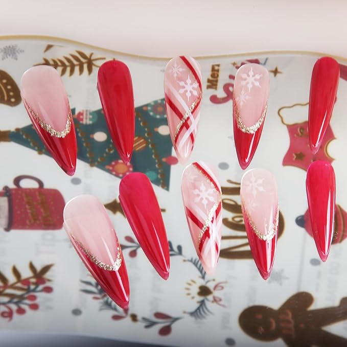 24pcs Red Long Almond French Tips Press On Nails with Snowflakes and sparkling lines for Themed Costumes, Reusable Nail Kit with Nail Adhesive Tabs Mini Nail File, 12 Sizes (Red)