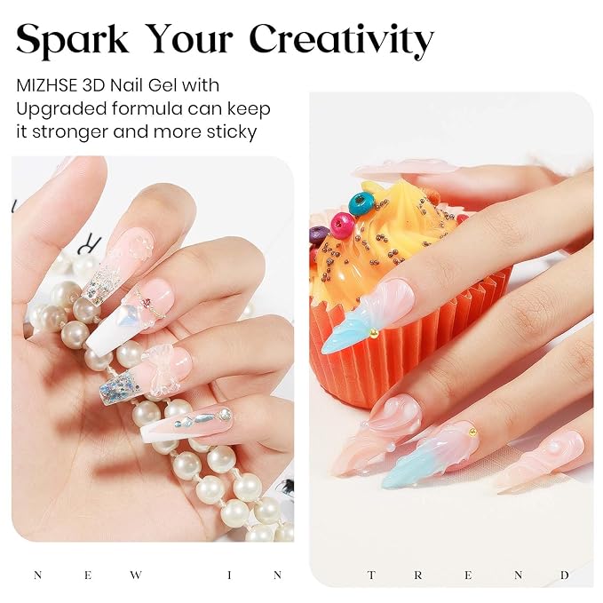 MIZHSE 3D Painting Gel and Rhinestone Glue for Nails, Clear 3D Nail Gel 3D Sculpting Gels U V LED Nail Charm Glue Salon Art Home DIY