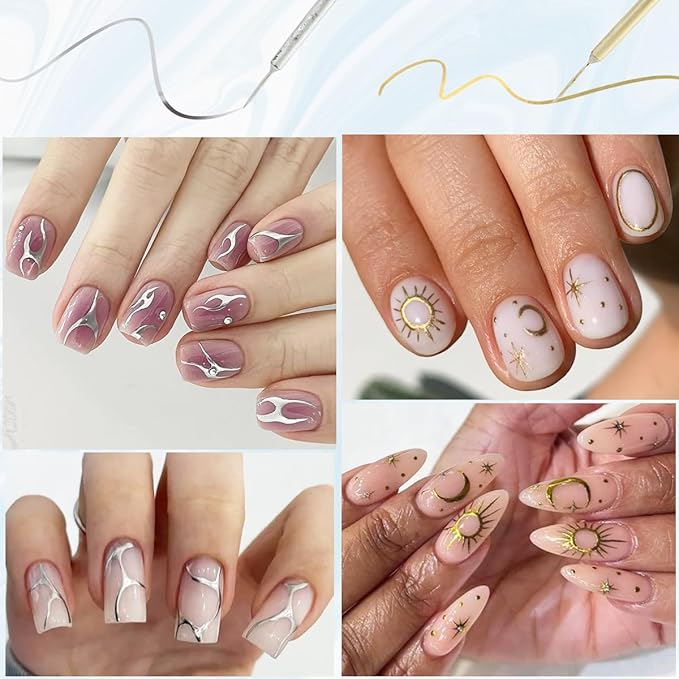 Gold And Silver Gel Nail Polish 4PCS Metallic Liner Nail Art Polish Mirror Chrome Effect Metal Paint French Tips Wave Flower Dotting Drawing Nail Polish With Thin Brush