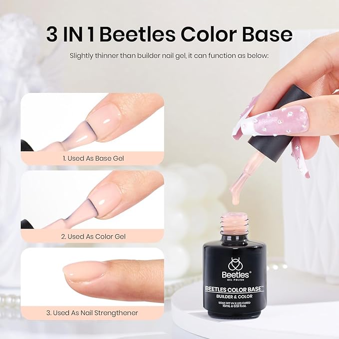 Beetles Color Base Gel Polish, 1pcs 15ml Rubber Base Builder Neutral Nude Gel Base Coat Warm Jade Nail Polish Nail Strengthener UV Led Needed Gift for Women Girls