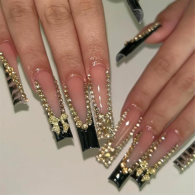 RTKHFZE Extra Long Press on Nails Square Fake Nails Black French Tip False Nails with Gold 3D Bow and Rhinestones Designs Square Nails Press ons Stick on Nail for Women 24Pcs