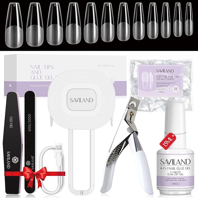 SAVILAND Gel Nail Kit - Starter Gel Nail Kit With Upgraded Nail Lamp Nail Extension Set 500 Pcs Long Coffin Nail Tips and 0.5oz Super Strong Nail Glue Gels Acrylic Nail Kit Easy Nail Art Home Salon