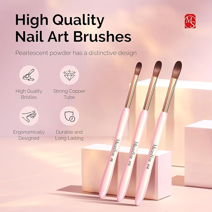 MelodySusie 3Pcs Acrylic Nail Brush Set, Size 8/12/14 for Extension and 3D Carving,DIY Home Salon Manicure Tool, Pink