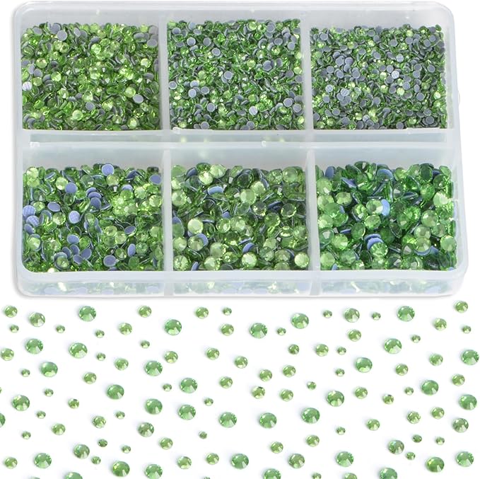 8000pcs Hotfix Rhinestones Flatback,Rhinestones for Crafts Clothes Mixed 6 Sizes, Hotfix Crystals with Wax Pencil Kit, SS3-SS12,Peridot