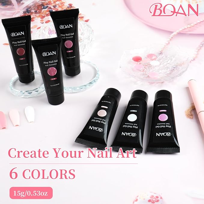 BQAN Poly Nail Gel Kit - 6 Colors Builder Gel for Long-Lasting Nail Extensions | 15ml Each | Salon-Quality DIY & Home Use | Low Odor