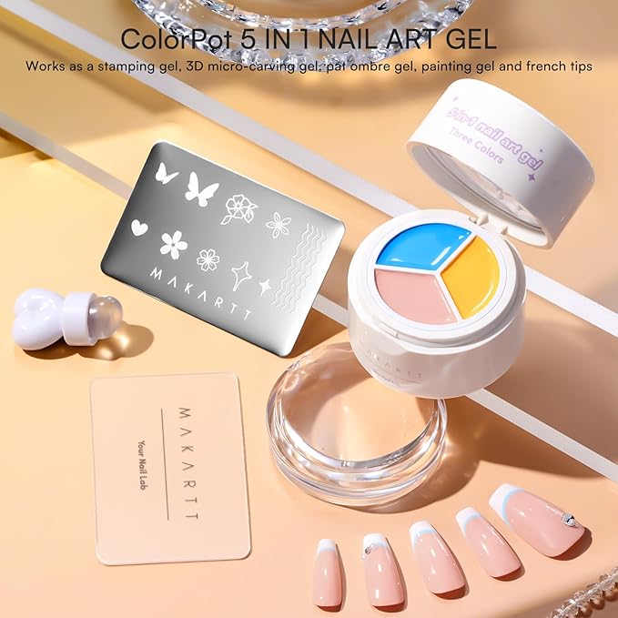 Makartt 5-in-1 Nail Art Gel: ColorPot 3 Colors Gel Nail Polish No Wipe with Nail Stamp for Stamping, French Tips, Ombre Patting, Painting & 3d Micro-Sculpting with Silicone Head for DIY Home Salon Use