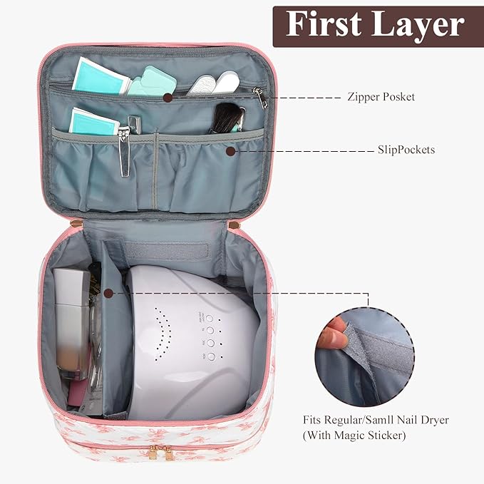Nail Polish Organizer Aesthetic Nail Organizers and Storage, Bow Nail Supplies Kit Organizer Travel Carrying Case for Manicure Tools (Bow A, 2 Layer)