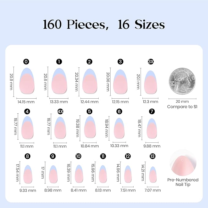 Beetles Blue French Tips Press On Nails, Pastel Spring Press On Nails Short Almond 160 Pcs, Blue Fake Nail Tips Soft Nail Gel False Nails Art DIY For Women