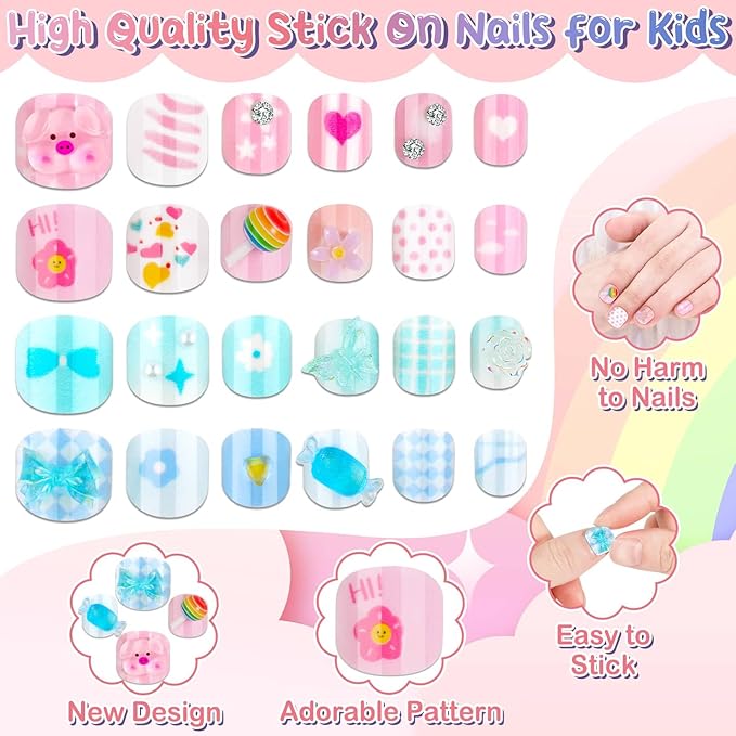 Extra Small Press on Nails for Little Girls, Thrilez Mini Fake Nails Kids Stick On Nail Tips Short Cute Acrylic Nails for Girls 7-10 Gifts
