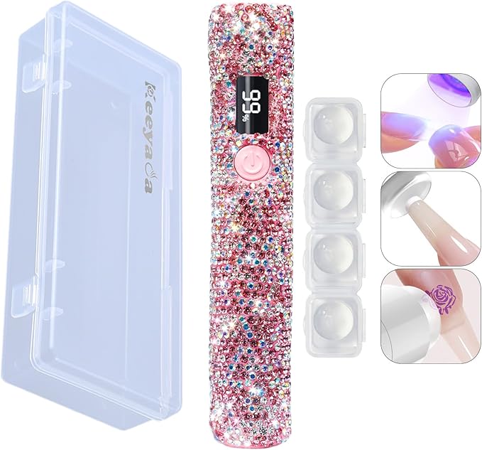 3W Portable LED Nail Lamp with Sparkly Rhinestones, Handheld UV Light, Wireless Rechargeable USB Nail Dryer with Silicone Stamper, LCD Display Screen for Fast Curing Home DIY Manicure Pink