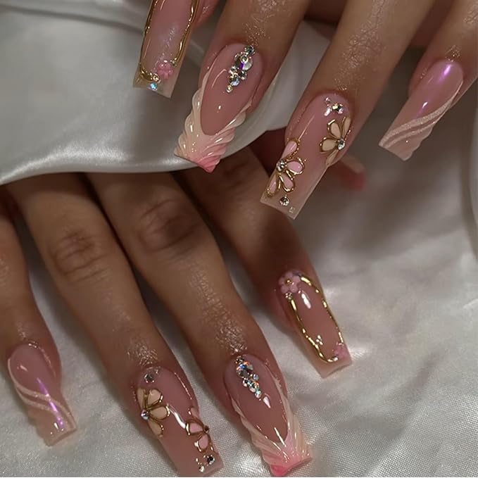 Long Press on Nails Square Fake Nails Pink Artificial Nail Flowers Stick on Nail for Women 24pcs