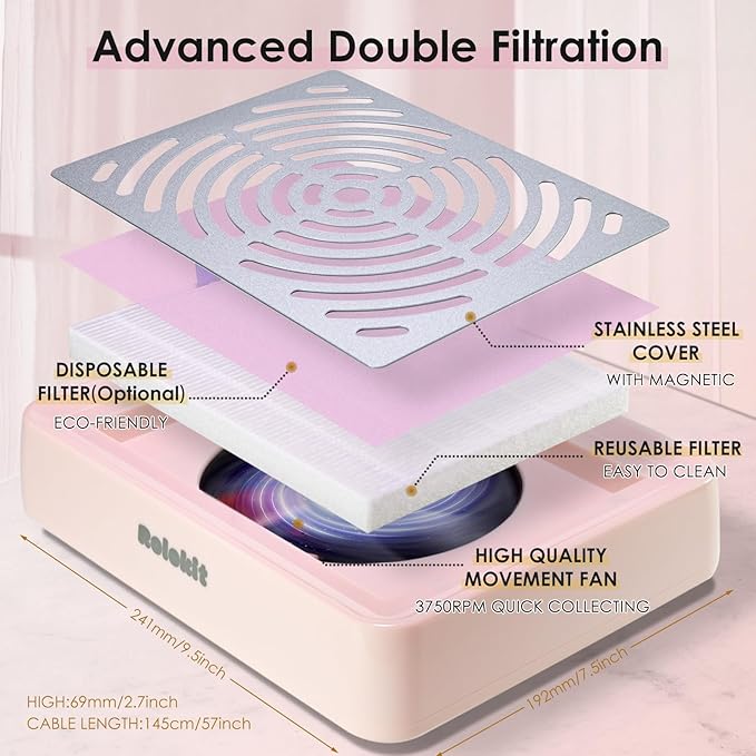 Nail Dust Collector with Lamp&50pcs Disposable Filter&Dusting Brush, Electric Nail Vacuum Cleaner Dust Fan Suction Machine for Manicure Acrylic Gel Nails Polishing, Low Noise,Salon Home (Pink)