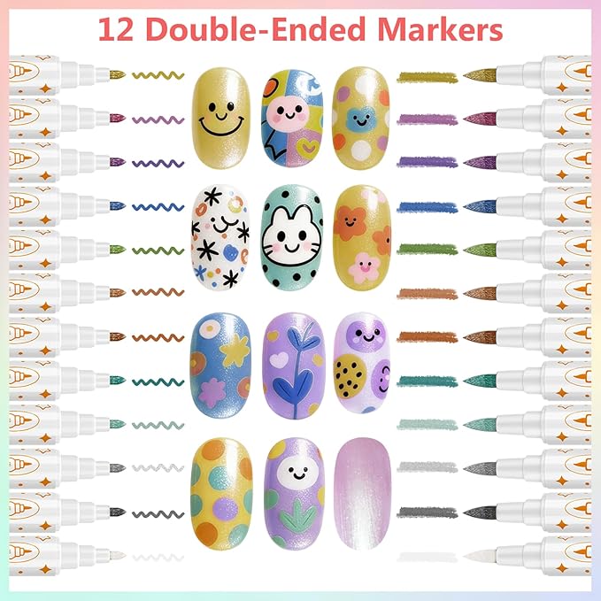 12 Colors Nail Art Pens Set - Metallic Color, 3D Nail Polish Pens Quick-Drying Acrylic Paint Markers For Nail Art Drawing Painting Nail Point Dotting Liner Pen, Nail Design Kit Manicure Salon DIY