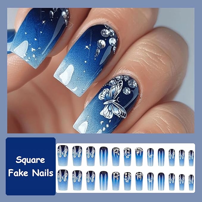 MISUD Press on Nails - Long Square Fake Nails with Blue Ombre, Acrylic Butterfly Design 24 pcs