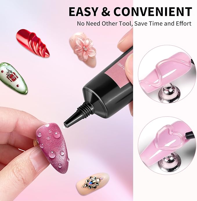 DRMODE 3D Nail Gel and Chrome Nail Powder Kit, Christmas Red Green Metallic Mirror Nail Chrome Powder Glitter, 3 in 1 No Wipe Clear 3D Sculpting Gel for Nail Art Carving Molding Rhinestone Glue 15g