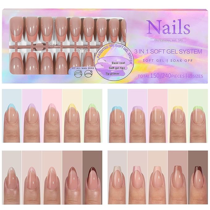 French Tip Press On Nails Short Square Soft Gel Nails in 5 Color Charm Design, 3-in-1 Seamless Design with High Elasticity,DIY Soak Off Fake Nails 15 Sizes, 150Pcs (Multicolor 07)