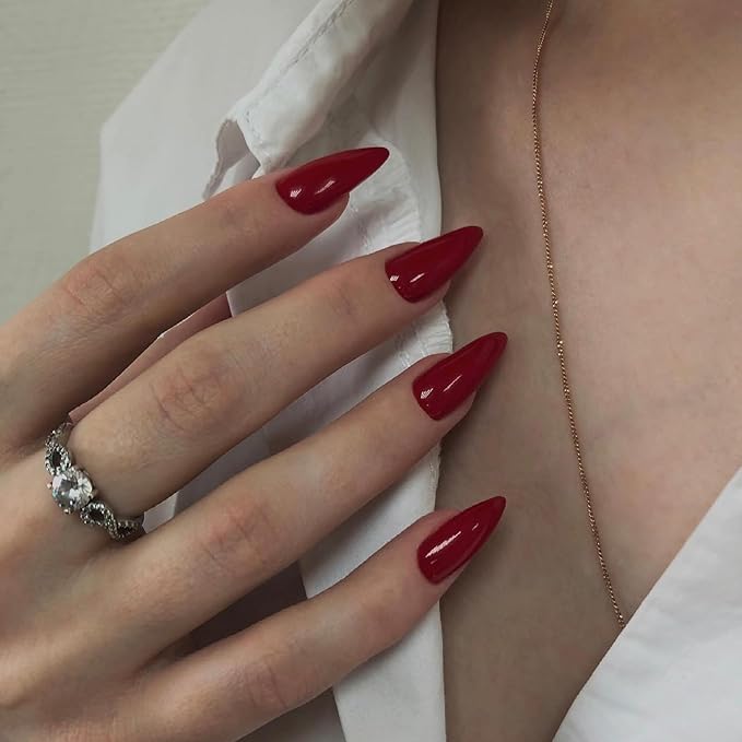 Red Wine Press On Almond Shaped Medium Nails - Neutral Acrylic, Reusable Fake Nails for Women Girls, Glue On Stiletto False Nails, Soft Gel Artificial