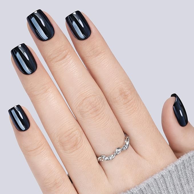 UNA GELLA 32Pcs Soft Gel Press on Nails - 16 Sizes Black Chrome Mirror Short Square Glue on Nails, Reusable Metallic Glossy Black False Nails, Full Cover Acrylic Nail Kit for Women DIY Home Manicure