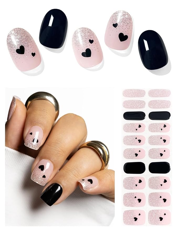 Semi Cured Gel Nail Strips (Black Love Heart), 20 Pcs Gel Nail Wraps, Stickers, UV Light Required, Salon Quality, Long Lasting, Valentines Day Gift